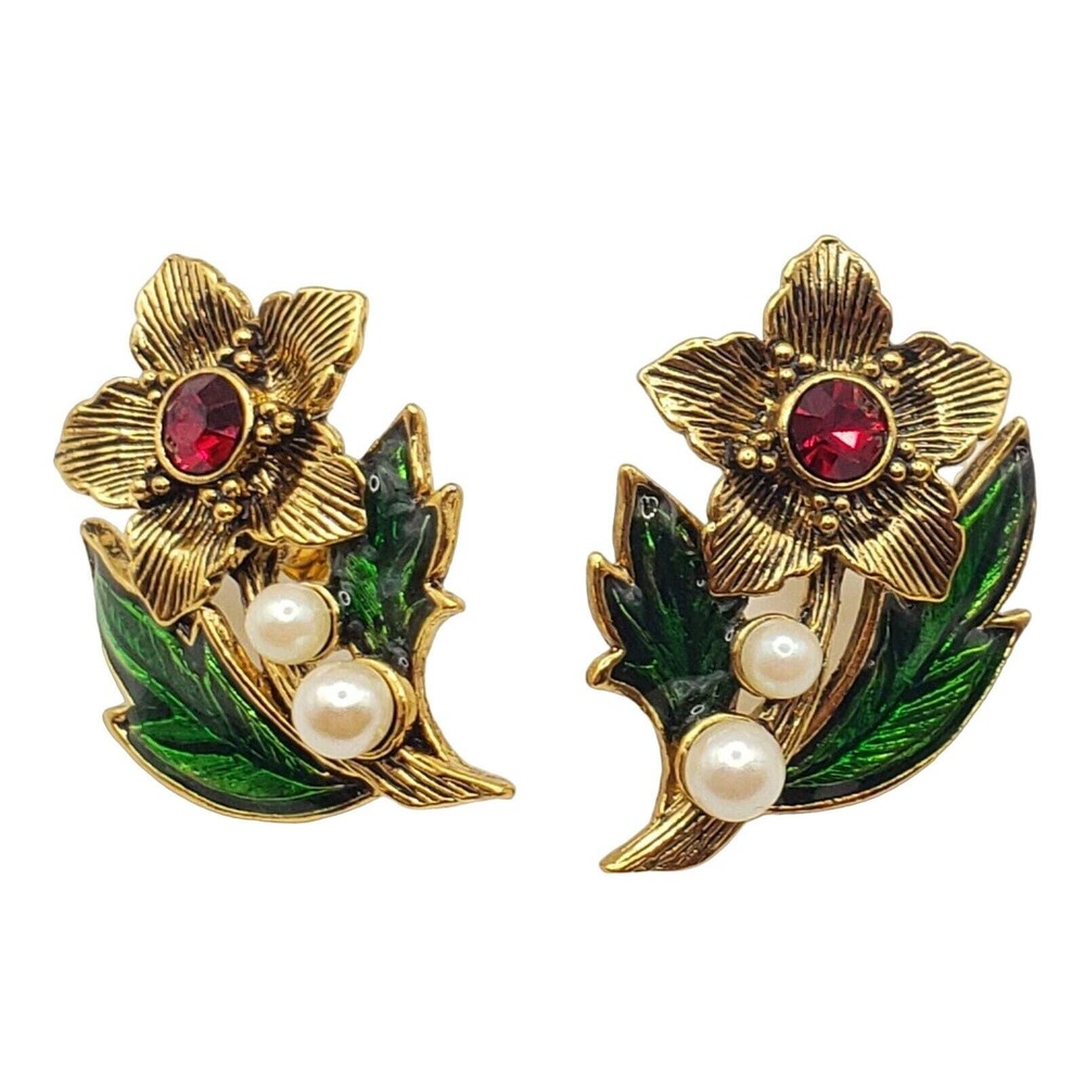 Flower Earrings Avon Enamel Pearl Rhinestone Gold Tone Vtg 80s Pierced Green Red